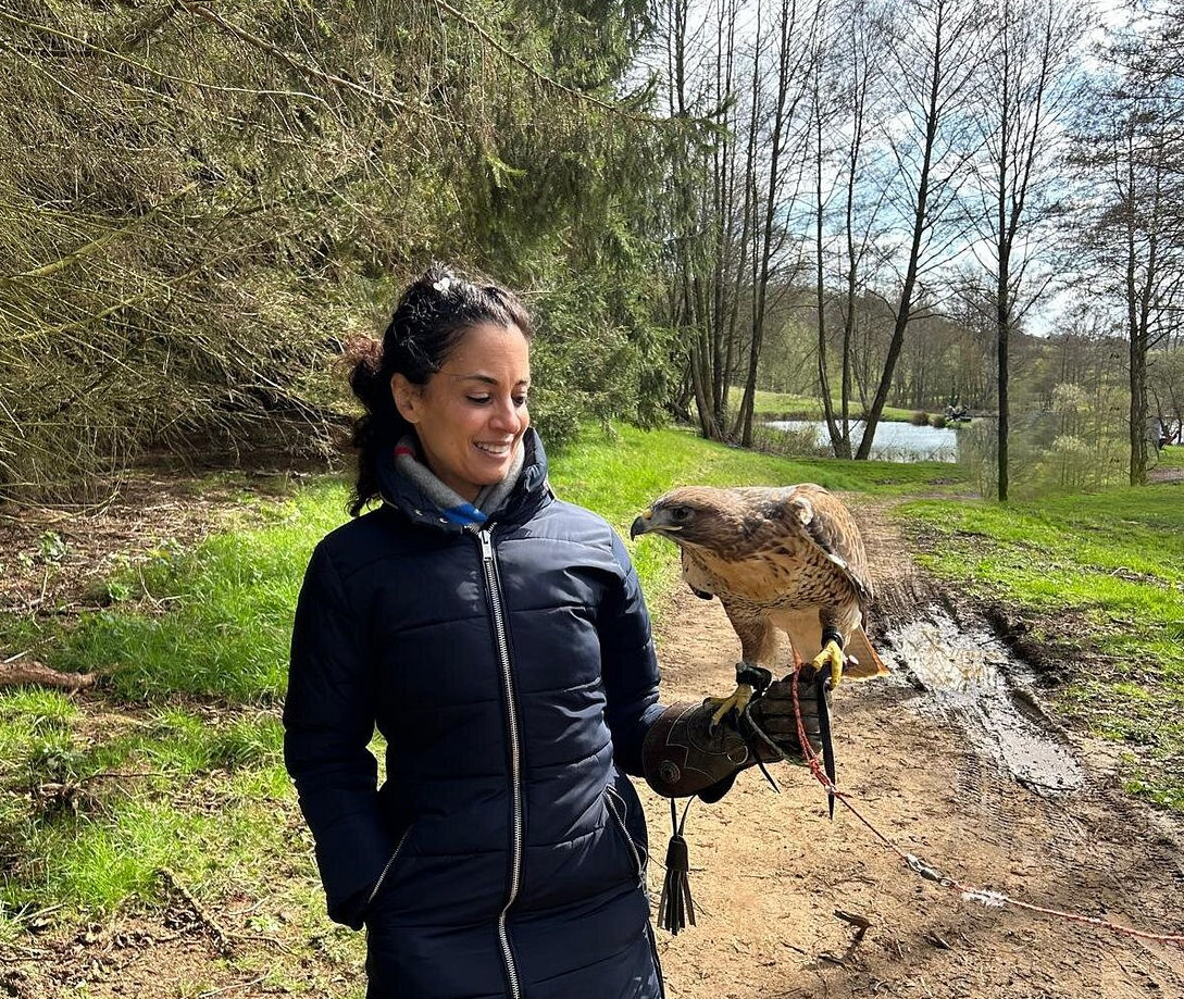 Alders Zofia and Maggie the redtail Hawk on a falconry experience near London