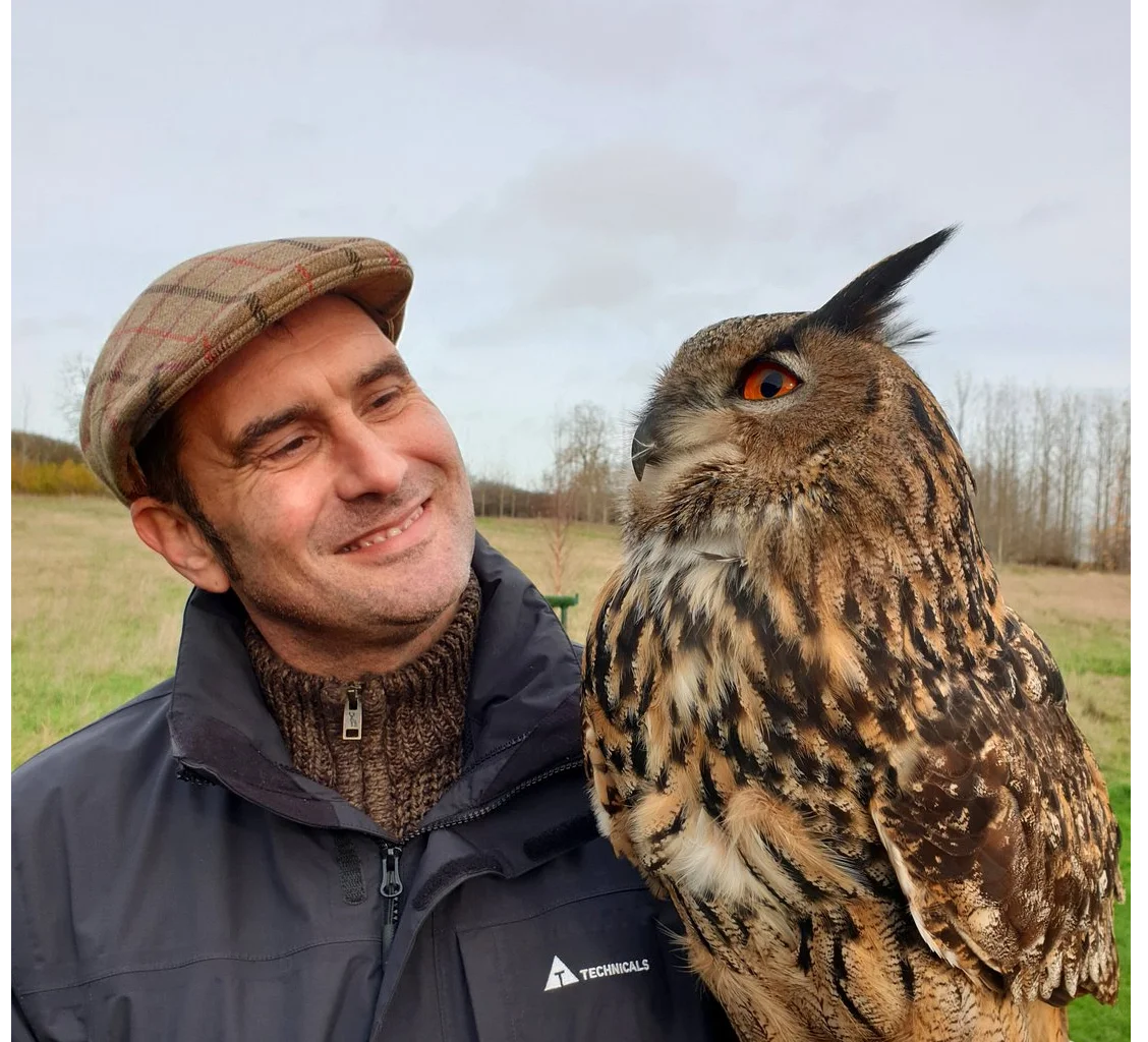 Guest and Elvis our Eurasian eagle owl on a full day falconry experience