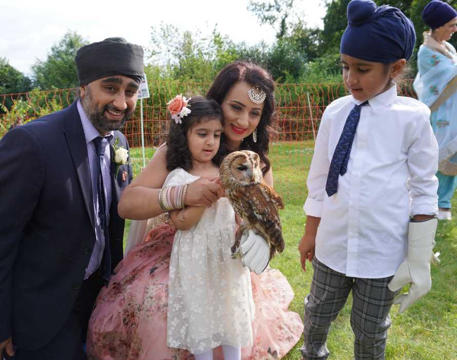 Birds of prey for weddings - Something for all ages. A family being introduced to Fletcher our friendly tawny owl