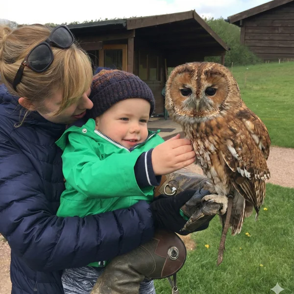 Mother holding child and Fletcher the tawny owl on the fist